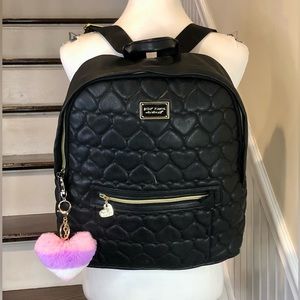 BETSEY JOHNSON Quilted Black Heart Backpack Floral Lining & NEW Pom Pom Hang Tag